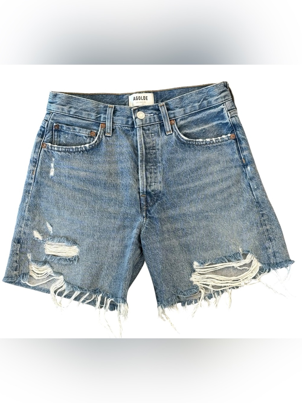 AGOLDE Parker Long High Rise Distressed Denim Shorts Button Fly Blue Size 24